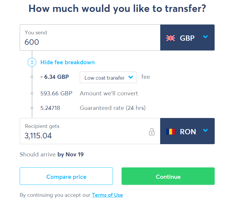 TransferWise - completeaza suma pe care o transferi 